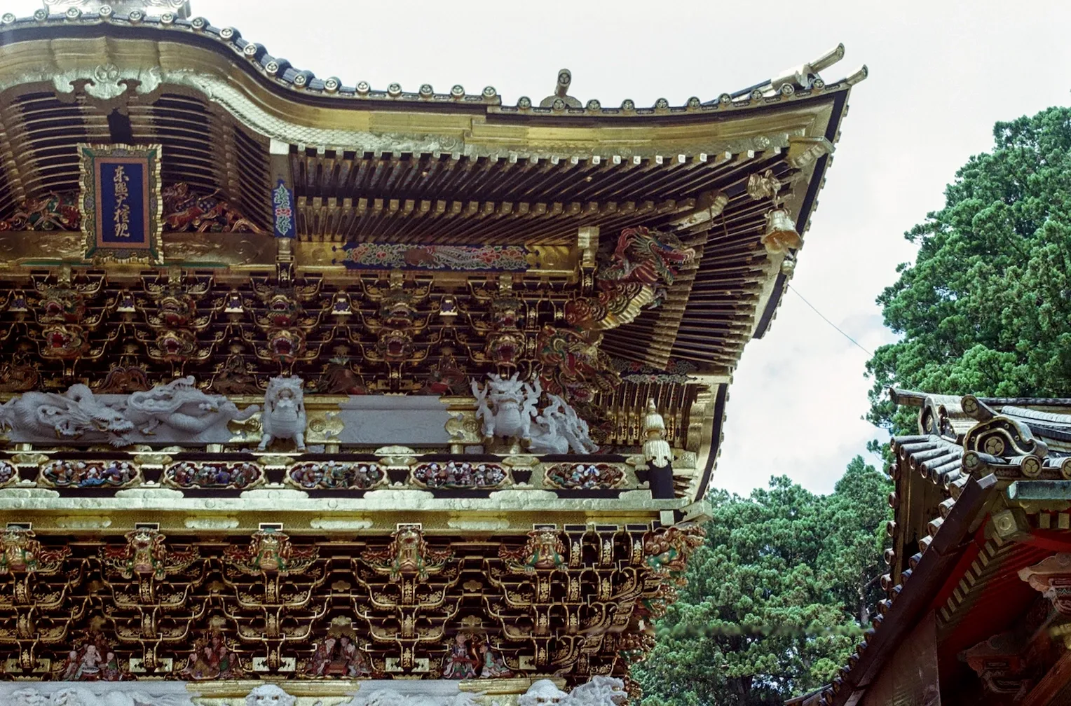 Golden details in the wooden roof of Toshogu Shrine.
