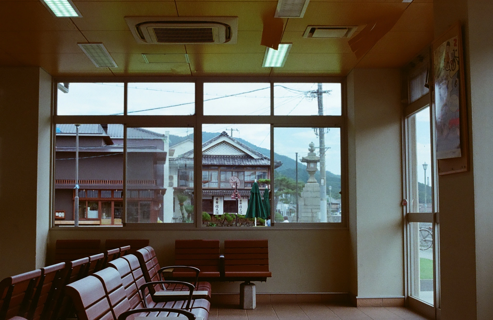 The view through a window in the Setoda ferry terminal, from inside the building.